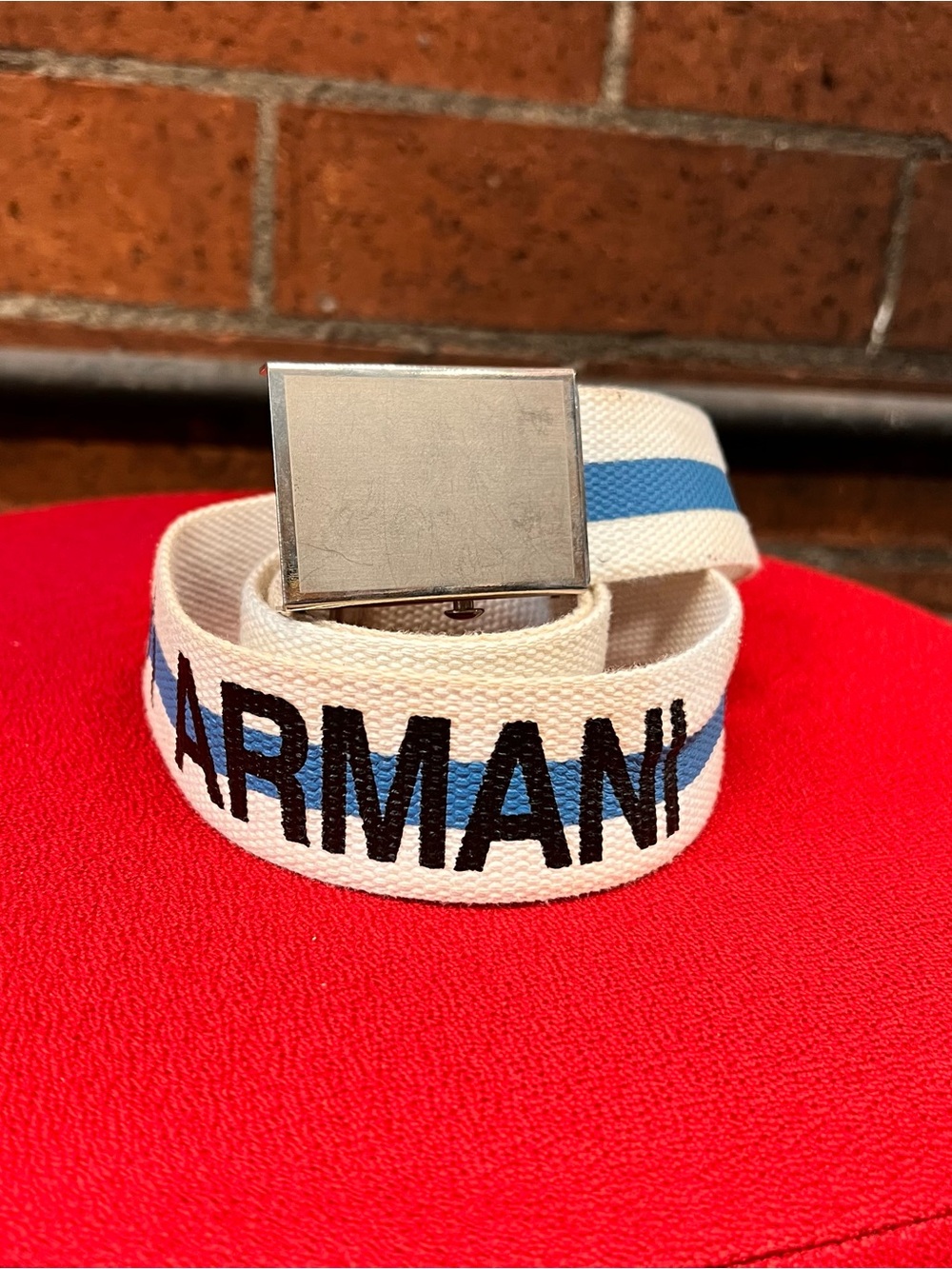Vintage Armani Exchange White Canvas Belt with Silver Buckle